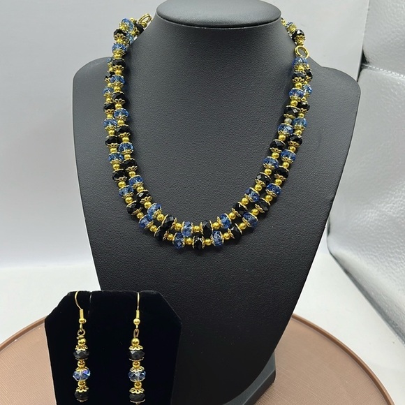 Necklace and Earrings Set Blue and Black Sparkling Beads Gold Tone Layered - Picture 14 of 14